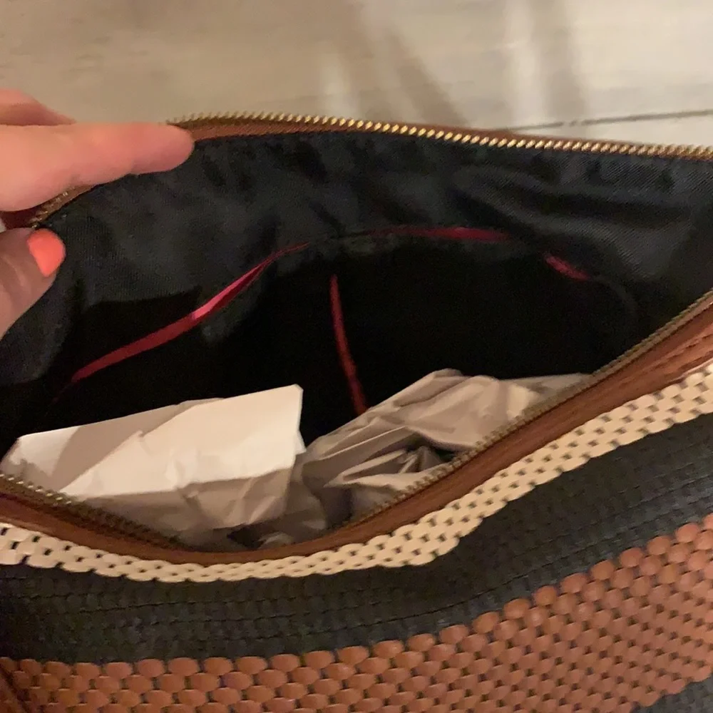 The Sak Brown Black White Striped Woven Hobo Bag